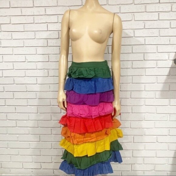 FARM Rio Color-Block Tiered Midi Skirt • Size XS • Vibrant Multi-Color Statement